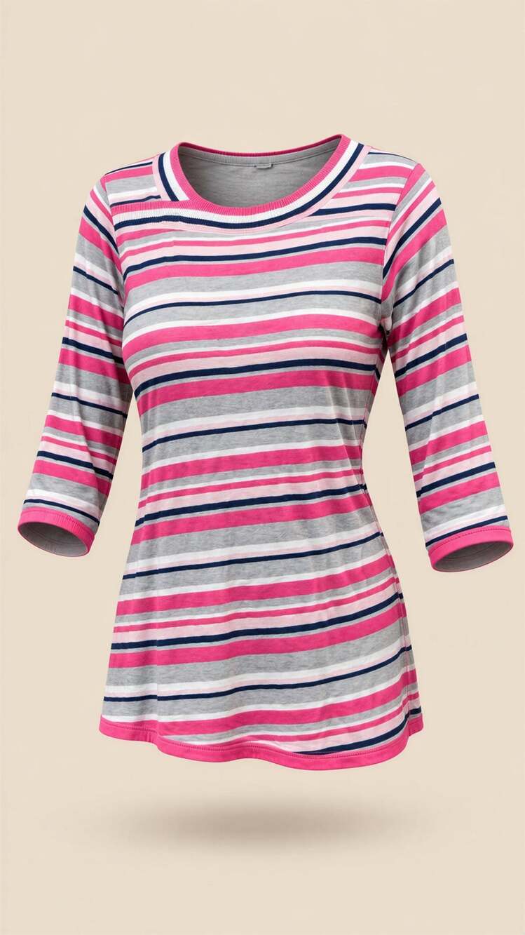 Chico’s Top Womens Extra Small Striped Knit Pullover 3/4 Sleeve Pink Gray Navy